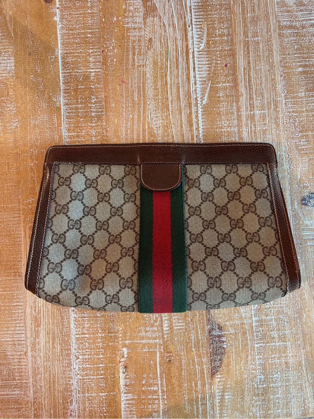 Vintage Gucci GG Supreme Portfolio Clutch Brown Leather Accessory Collection